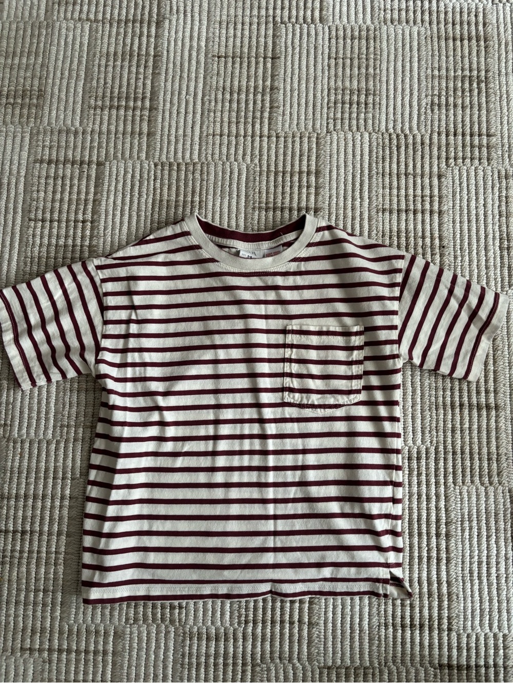 Zara Kids Cream & Burgundy Striped Pocket Tee